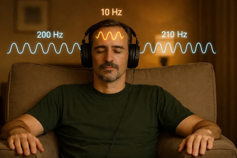 Hombre oyendo sonidos binaurales