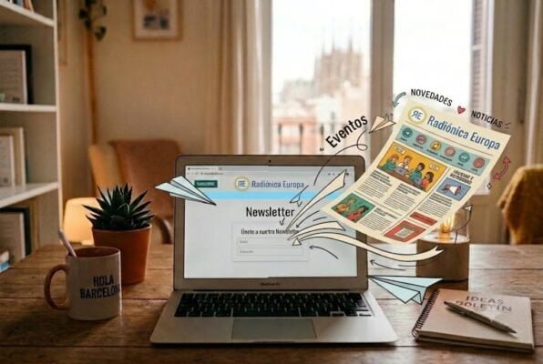 Ordenador portátil en un escritorio mostrando el formulario de suscripción a la newsletter de Radiónica Europa con elementos ilustrados flotando.